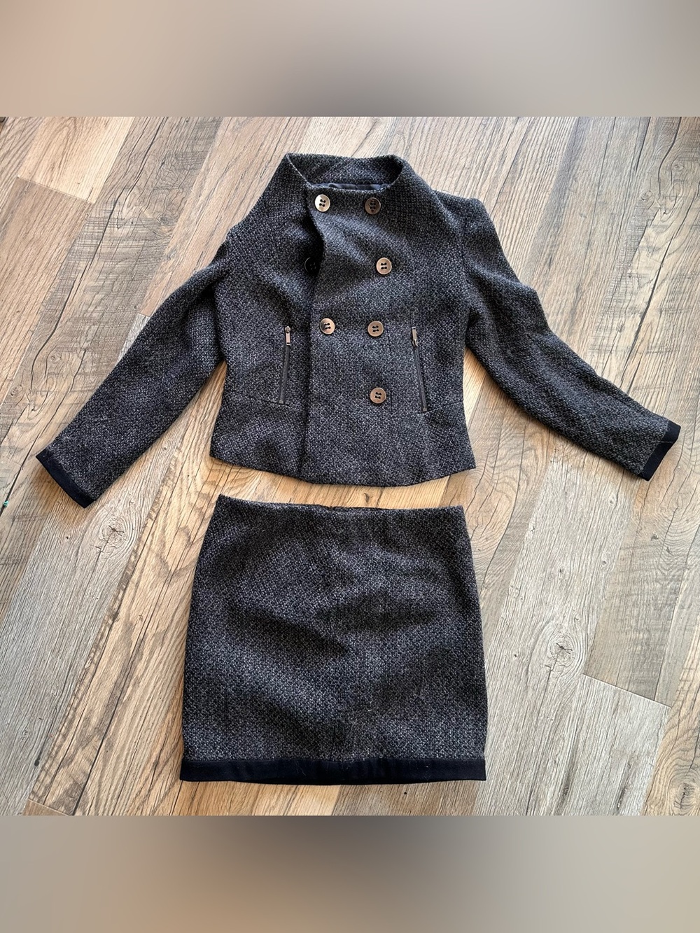 Zara Charcoal Tweed Skirt Suit Set Large